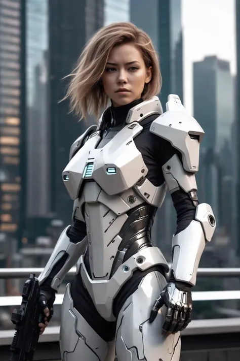 A female character dressed in futuristic technological armor,she holds two guns and prepares for battle. Her body is covered in a suit of close-fitting white armor with gray lines to give it a high-tech feel. Her hair was a light brown,flowing down the sid...