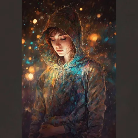 Raindrops on the roof, Pitter-patter lullaby, Cleansing for the soul dynamic pose centered key visual, intricate, highly detailed, breathtaking beauty, precise lineart, vibrant, comprehensive cinematic, Carne Griffiths, Conrad Roset, Anna Dittmann, overcas...