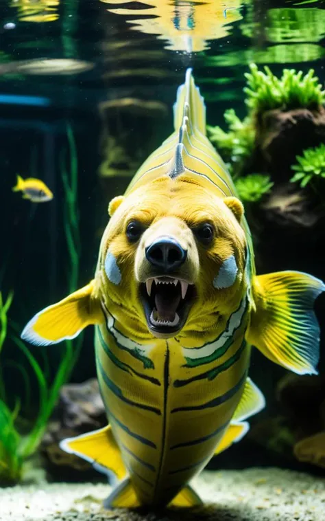 aquarium  with a fish with a bear head, yellow and green stripes, OverallDetail, (long exposure , dystopian but extremely beautiful:1.4) <lora:add-detail-xl:1> , <lora:xl_more_art-full_v1:0.5>,crystal clear, fins, scales