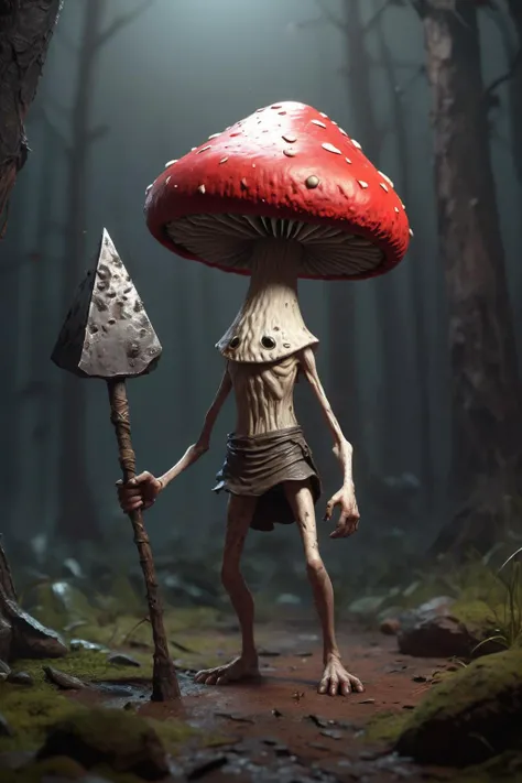 surrealism,Concept art,illustration art,game concept design,fairy tale,anthropomorphic,angry mushroom with spear,very angry,Inspired by Pyramid Head,Red Pyramid Thing,
unreal engine,octane rendering,dynamic lighting,available light,Volumetric Lighting,