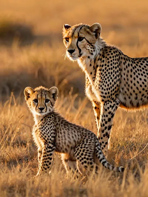 High quality, 8k, uhd, Lens flare, sunset,

A cheetah and its cub walking together in Africa create a captivating scene in the vast, open landscape of the savanna. The cheetah, with its slender, aerodynamic body, distinctive tear markings on its face, and ...