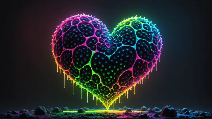 color scheme of neon pink, neon blue, neon yellow, neon green, red-black gradient background, with a black heart in the upper le...