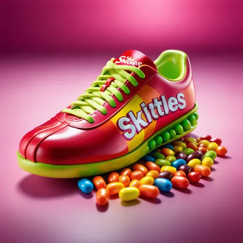 Photo of shoe made of skittles ,shoes photography,  food photography, photorealistic, ultra realistic, maximum detail, foreground focus, epicurious, instagram, 8k, volumetric light, cinematic, octane render, uplight, no blur, depth of field, neon lights 