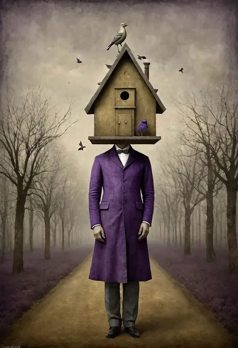 Neo Surrealism, overwhelmed by reason, by Gabriel Pacheco and Max Ernst, existential residues dark shines surrealism, gold, light gray and violet color scheme, Painting a man with a bird house on his back , fantasy Victorian art, magical realism bizarre ar...