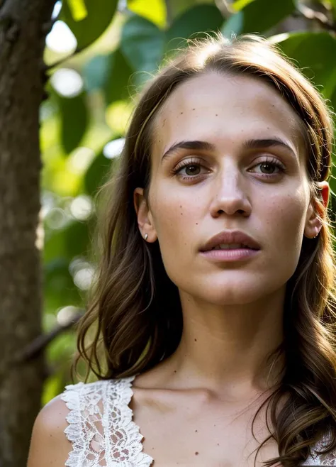 A stunning intricate color close up portrait of (aliciavikander-ti:1) , wearing Boho maxi skirt and lace blouse, epic character composition, sharp focus, natural lighting, subsurface scattering, f2, 35mm, film grain, , by Dorothea Lange