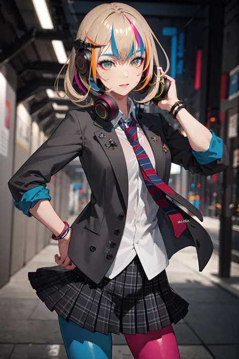 best quality, masterpiece, 1girl, solo <lora:waccaLiz-000100:0.9>, elizabeth (wacca), headphones, multicolored clothes, necktie, jacket, plaid skirt, pantyhose