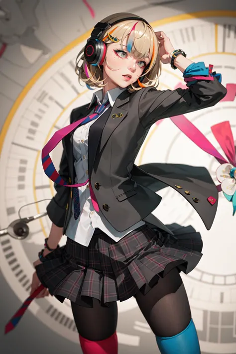 best quality, masterpiece, 1girl, solo <lora:waccaLiz-000100:0.9>, elizabeth (wacca), headphones, multicolored clothes, necktie, jacket, plaid skirt, pantyhose