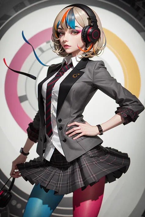 best quality, masterpiece, 1girl, solo <lora:waccaLiz-000100:0.9>, elizabeth (wacca), headphones, multicolored clothes, necktie, jacket, plaid skirt, pantyhose