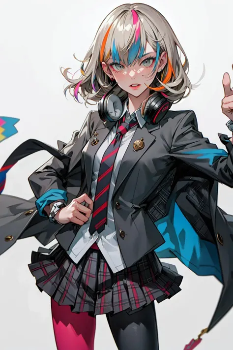 best quality, masterpiece, 1girl, solo <lora:waccaLiz-000100:0.9>, elizabeth (wacca), headphones, multicolored clothes, necktie, jacket, plaid skirt, pantyhose