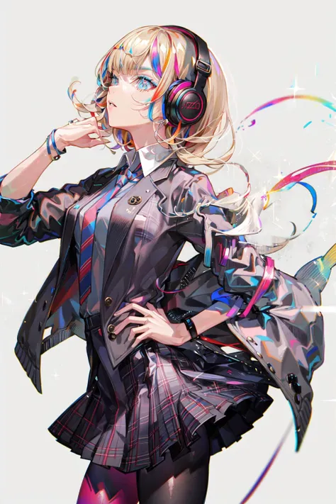 best quality, masterpiece, 1girl, solo <lora:waccaLiz-000100:0.9>, elizabeth (wacca), headphones, multicolored clothes, necktie, jacket, plaid skirt, pantyhose