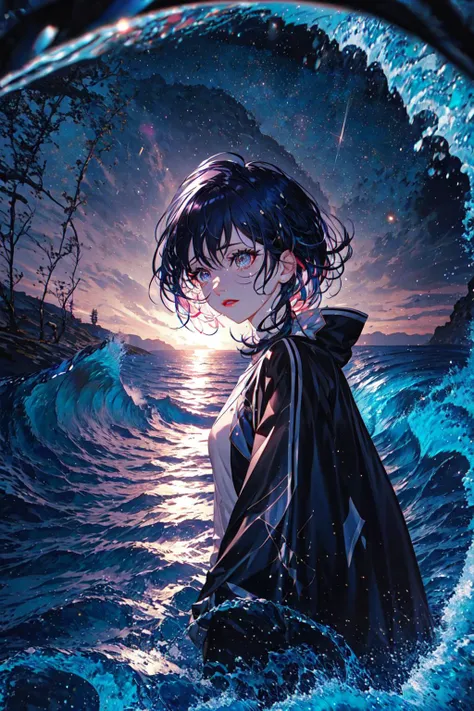 masterpiece, best quality, 1girl, <lora:PAL:1>,1girl, bangs, depth_of_field, eyelashes,  hair_between_eyes, lipstick, looking_at_viewer, motion_blur, parted_lips, short_hair, solo, tears,water,wave,starry sky,