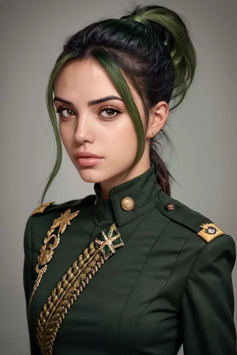 a woman with green hair wearing a military uniform