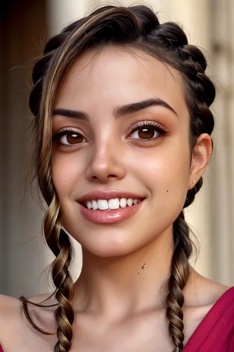 a close up of a woman with a braid in her hair