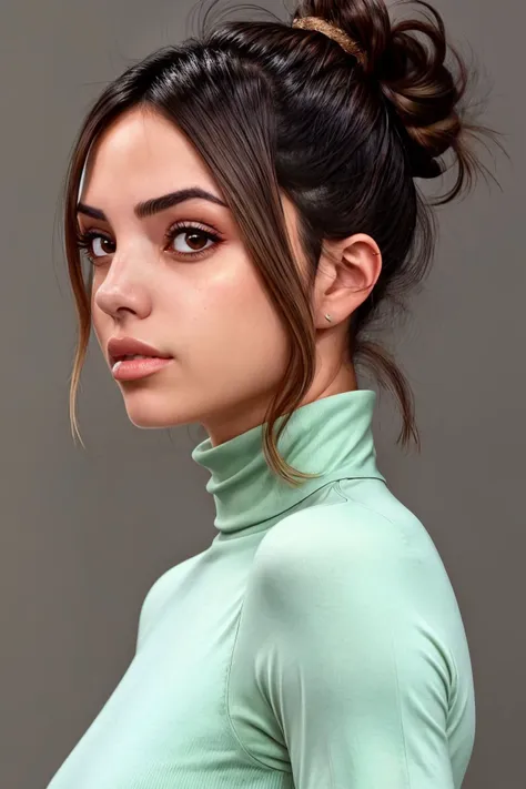 a close up of a woman with a green turtle neck top