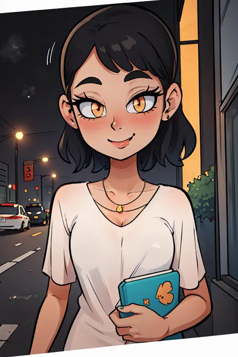 portrait of a pretty woman walking through the city, necklace, ((toon (style))), flat color, light smile, ((makeup)), 
masterpiece, best quality, HDR, intricate detail,
 <lora:laliberte-000016:0.8>