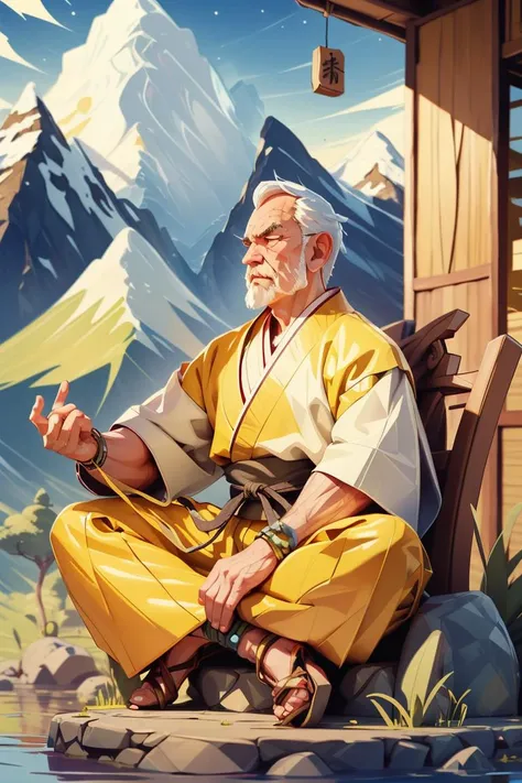 a painting of a man sitting on a rock in front of a mountain