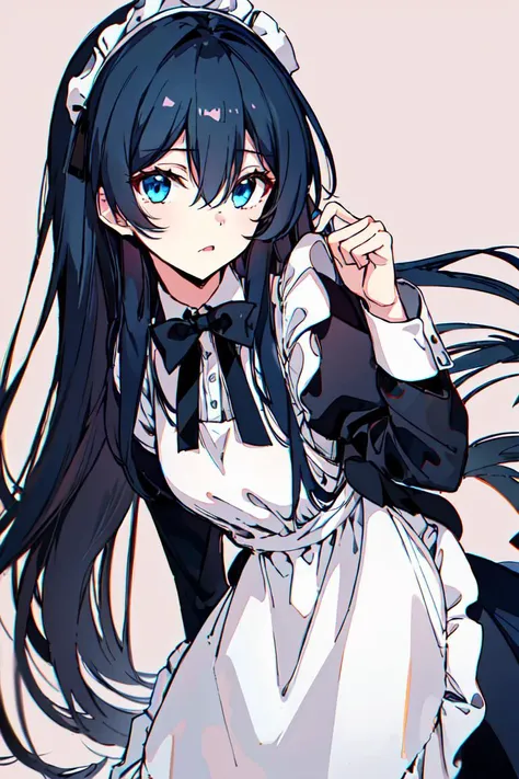 <lora:may:0.8>1girl, maid, long hair, blue eyes, apron, solo, maid headdress, looking at viewer, black hair, long sleeves, maid ...