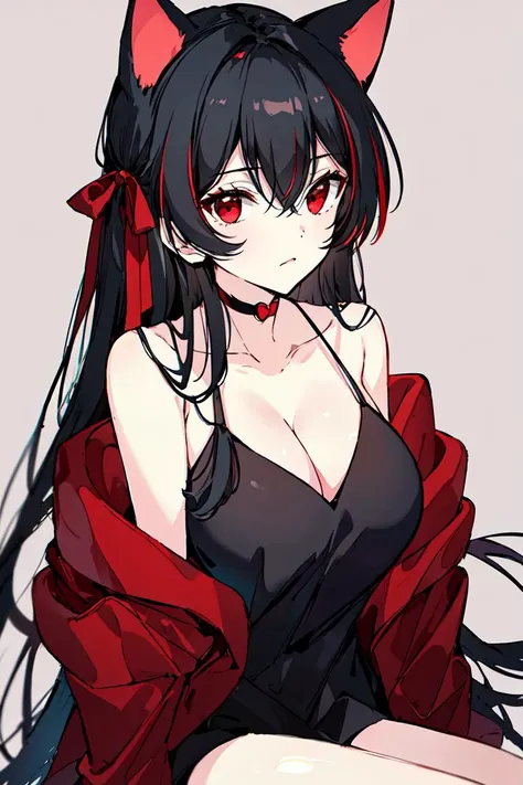 <lora:may:0.8>1girl, solo, animal ears, breasts, red eyes, long hair, cat ears, cleavage, red jacket, black hair, looking at viewer, dress, black dress, multicolored hair, jacket, streaked hair, open jacket, sleeveless dress, bare shoulders, choker, red ha...