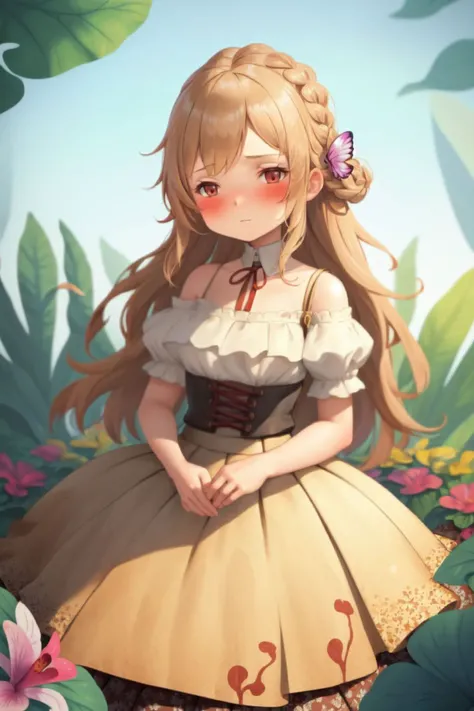 1girl, braid, light brown Fit_and_flare_dress - A dress with a fitting bodice and a gathered skirt., Butterfly_Orchid (flower) <lora:nursery_rhymes_style_v03.05.04.01-4:1>