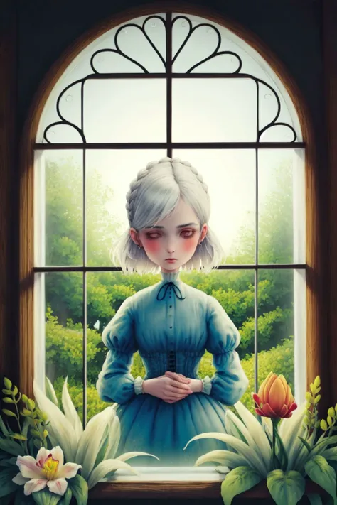 (solo:1.1), 1girl, standing, silver hair, short fringe, (french braid), (white Victorian clothes:1.1), (in front of glass window, large window, Tulipa (flower), blooming flowers, plants, trees), mystic <lora:nursery_rhymes_style_v03.05.04.01-4:1>