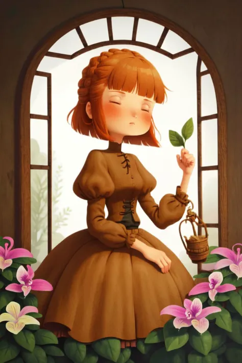 (solo:1.1), 1girl, standing, orange hair, fringed bangs, (french braid), (light brown Victorian clothes:1.1), (in front of window, Japhette_Orchid (flower), blooming flowers, plants, trees), mystic <lora:nursery_rhymes_style_v03.05.04.01-4:1>