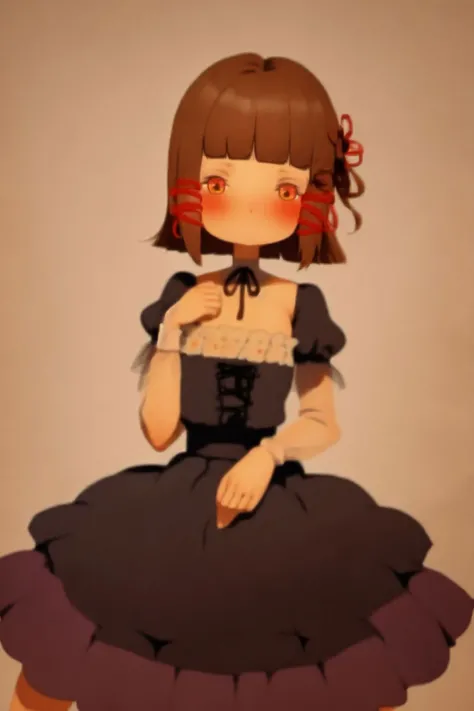 (1girl, solo:1.1), pupils sparkling, ribbon bangs, dark brown Two_color_Dress - This dress has different colors for the top and bottom   the bodice will be in one color and the skirt will be in another color, Diosma (flower) <lora:nursery_rhymes_style_v03...