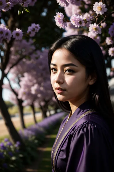 1girl, dark RAW photo, (deep purple theme:0.7) , Portrait of a ("The Imperium of Regret":1.3) , it is very Freelance and Elegant, Indigo blossoms and garden, at Dawn, FOV 90 degrees, Confused, avant-garde, Black lighting, film grain, Sony A7, Low shutter, ...