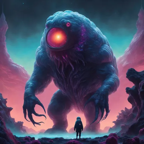 a man standing in front of a giant monster with glowing eyes