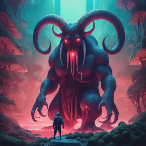 a man standing in front of a giant monster with red eyes