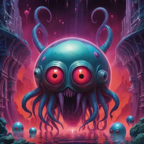 a painting of a giant octopus with red eyes in a dark city