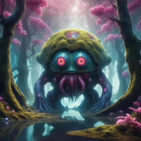 a painting of a giant octopus with a big head in a forest