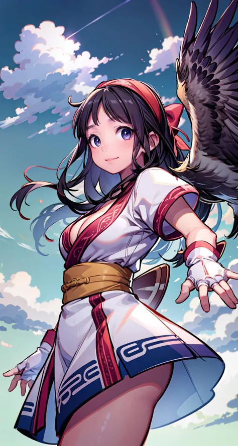 (masterpiece),(intricate details),1boy,young girl,smile,large breasts:1.3,Cleavage
BREAK
NakoruruMS, bow, hairband, ainu clothes, fingerless gloves , short sleeves,((the hawk flies away)),<lora:Nakoruru:0.8>,((barefoot))
BREAK
day,sun,rainbow,((cumulonimbu...
