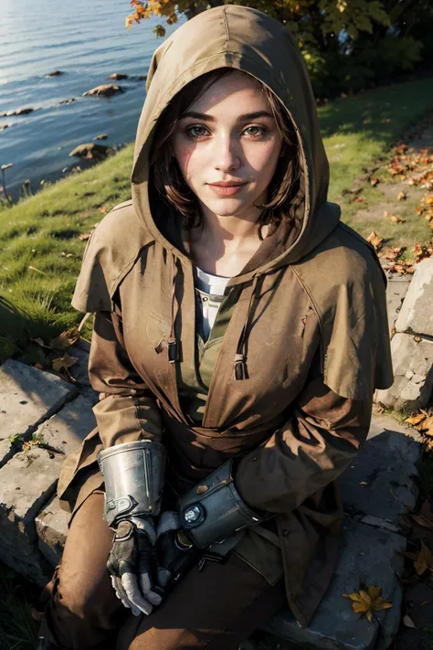 VeronicaFNV, short hair, hooded cloak, brown clothes, gauntlets, looking at viewer, serious, smiling,
from_above, sitting, on grass, outside, park, autumn leafs, blue sky, extreme detail, hdr,  <lora:VeronicaFNV:.8>