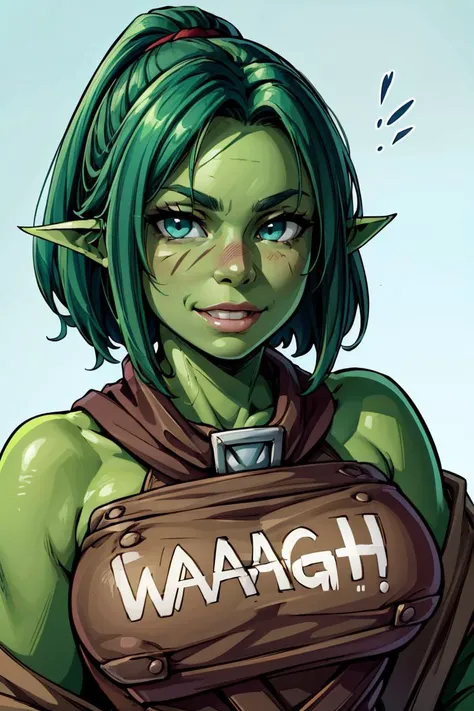 ((masterpiece,best quality)), absurdres,
1girl, green skin, pretty face, orc, loincloth, green skin, pointy ears, fully body,
<lora:Ork_World:0.8>, Ork World,
(graffiti, waaagh, white text, english text),
smile,