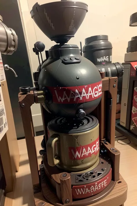 ((masterpiece,best quality)), <lora:Ork_World:0.8>, Ork World, (graffiti, waaagh, white text, english text),  no humans,,(coffee machine:1.2), coffee mug,