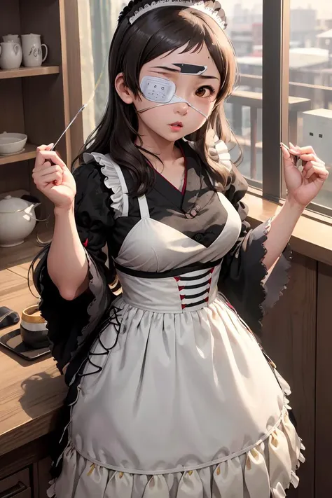 (masterpiece, best quality), 1girl,  <lora:KitazawaShiho:1> KitazawaShiho, KitazawaCasual, striped shirt, black skirt, KitazawaEyepatch, eyepatch, wa maid, maid headdress, maid apron, japanese clothes