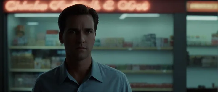 a man standing in front of a store with shelves full of food