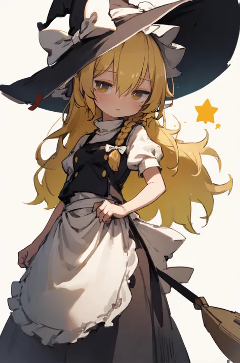 masterpiece, (illustration:0.4), sketch, kirisame marisa, long hair, single braid, frills, white shirt, blonde hair, white bow, hat bow, puffy sleeves, vest, broom, black headwear, yellow eyes, dress, witch hat, bangs, waist apron, side braid, hair between...