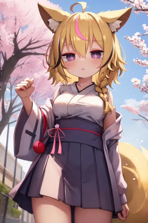 masterpiece, omaru polka, fox ears, blonde hair, playing card theme, fox girl, fox tail, streaked hair, (black hair:0.4), (pink hair:0.4), (facial marks:0.6), purple eyes, symbol shaped pupils, side braid, hair over shoulder, ahoge, medium breasts, school,...