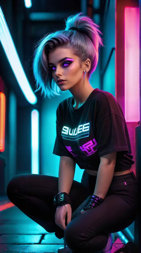 ultra realistic 8k cg, flawless, clean, masterpiece, professional artwork, famous artwork, cinematic lighting, cinematic bloom, dark neon room, Steel gray hair, wearing black t-shirt, Skinny pants, beautiful woman, (wearing blacklight makeup:1.3), (((backg...