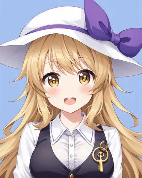 anime girl with long blonde hair wearing a white hat and a purple bow