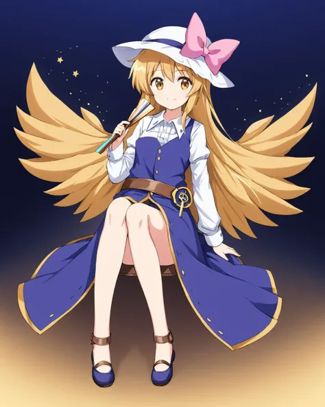 anime girl sitting on a chair with a hat and a wand