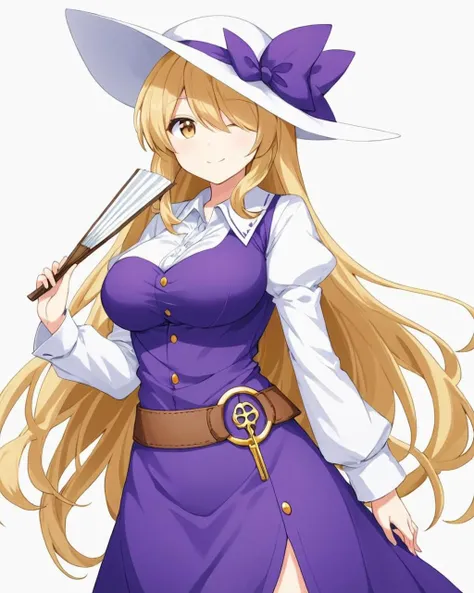 anime girl in purple dress holding a knife and a hat