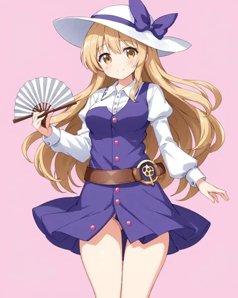 anime girl in a blue dress and hat holding a fan