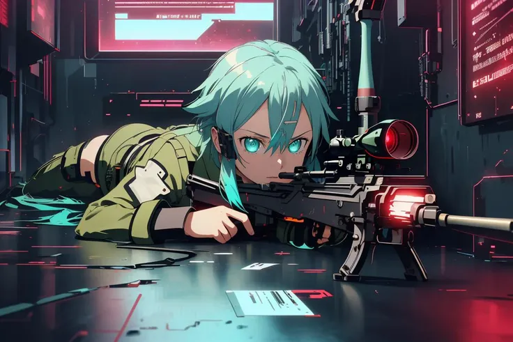 closeup,1girl,   glowing eyes,
 <lora:EPsoaSinon:0.8> EPsoaSinon, holding weapon,  sniper rifle, lying, on_the floor , scope, sniper scope, green jacket,, <lora:MalwareTech:0.8> matwaretech  , scifi, cyberpunk, pixelated, malware glitch