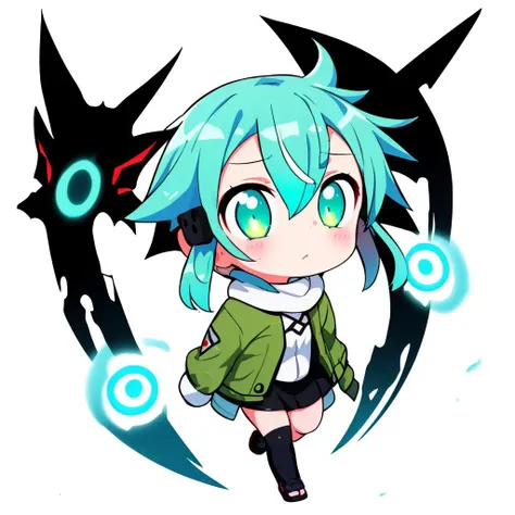 1girl,   glowing eyes, <lora:EPsoaSinon-14:0.8> EPsoaSinon,  green jacket, hairclip, 
full body, chibi,simple background, white background,  <lora:drunkoakArtistStyle_v10:0.8>