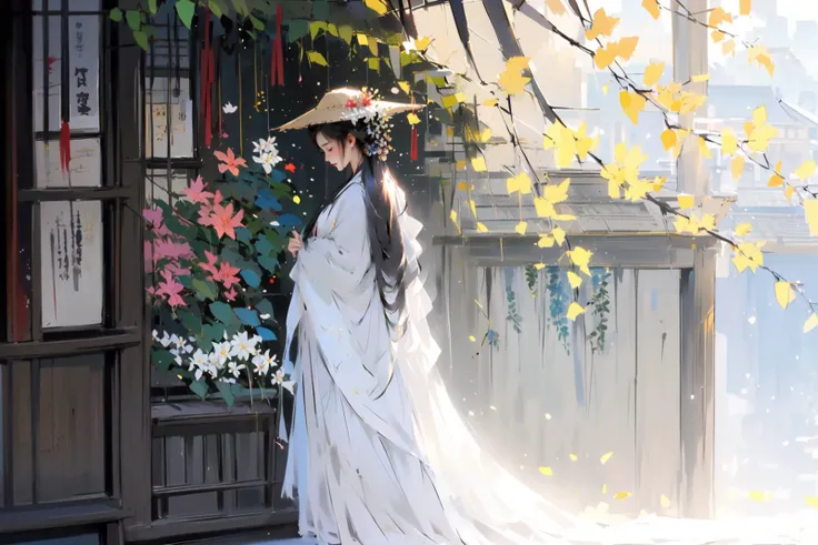 -Hanama wine, 1girl, solo, long hair, hair ornament, flower, hair flower, hat, black hair, leaf, tree, outdoors, standing, closed eyes, dress, long sleeves, profile, white dress, closed mouth<lora:Hanama wine-000018:0.8>,