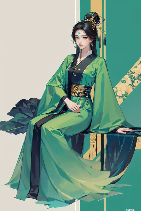 -Hanama wine, 1girl, solo, black hair, dress, long hair, hair ornament, long sleeves, chinese clothes, hair bun, bug, green dress, sitting, facial mark,anime,<lora:Hanama wine V2-000018:0.8>,