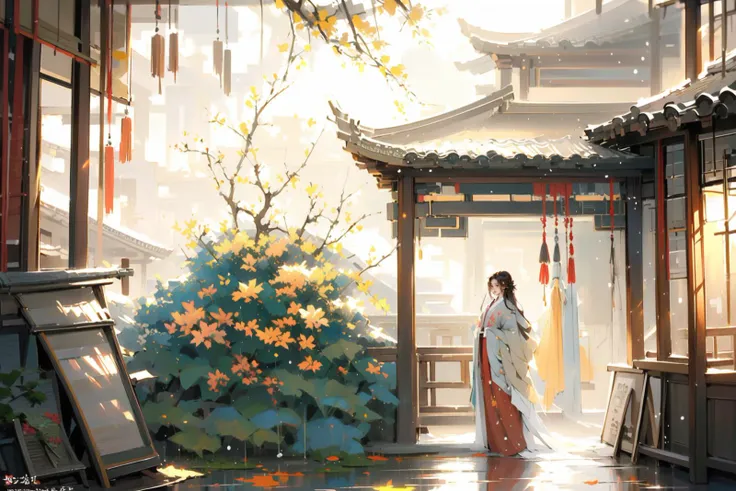 -Hanama wine, 1girl, solo, tree, outdoors, japanese clothes, plant, long hair, scenery, standing, umbrella, architecture, east asian architecture, brown hair, wide sleeves, black hair, wide shot, leaf, kimono, long sleeves<lora:Hanama wine-000018:0.8>,