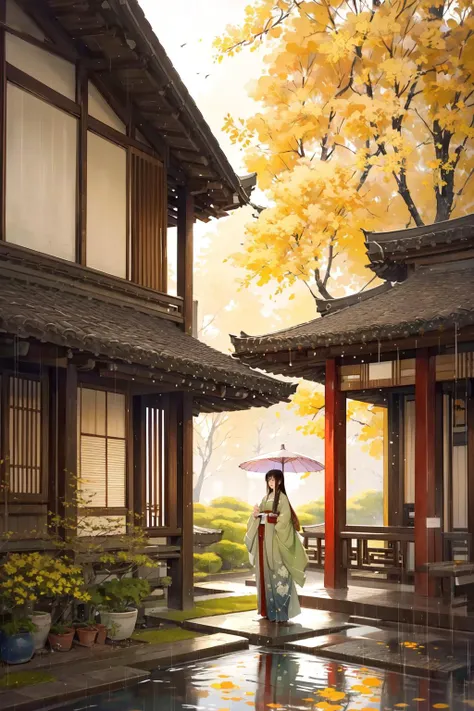 -Hanama wine, 1girl, solo, tree, outdoors, japanese clothes, plant, long hair, scenery, standing, umbrella, architecture, east asian architecture, brown hair, wide sleeves, black hair, wide shot, leaf, kimono, long sleeves<lora:Hanama wine-000018:0.8>,